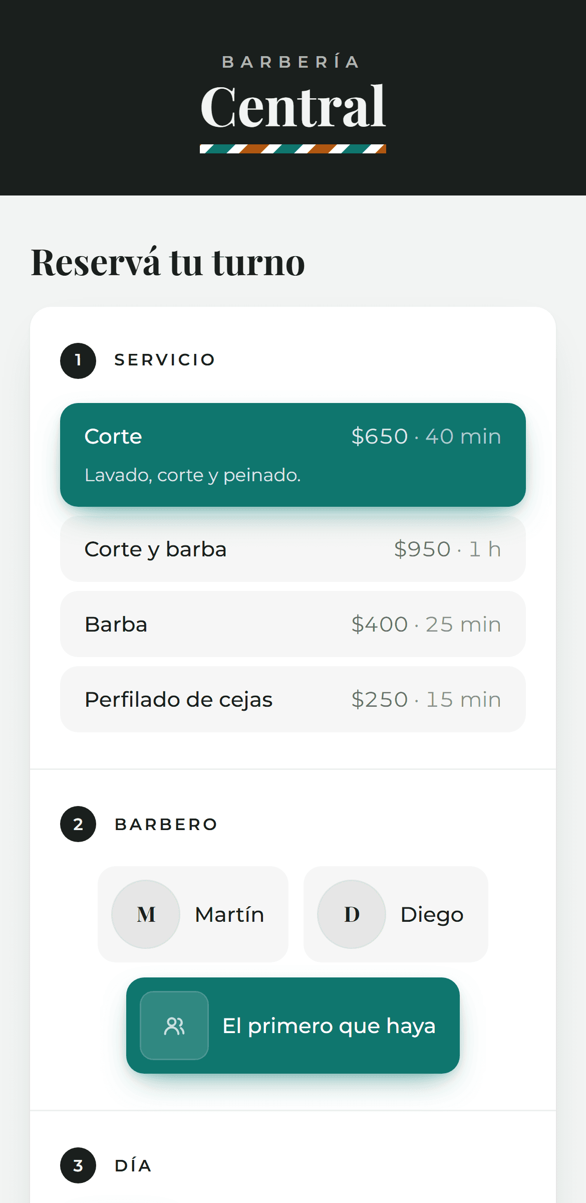 La página de reservas de una barbería con marca clara y acento verde.